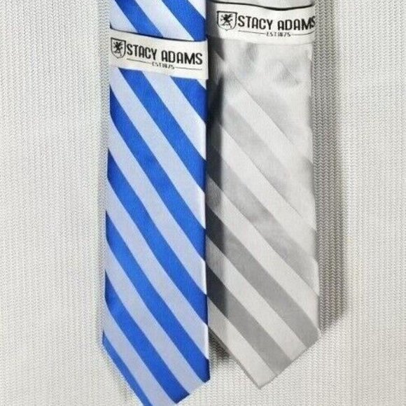 Stacy Adams TWO PACK Extra Long Formal Stripe Tie Handkerchief SILVER + BLUE SET - Picture 1 of 8